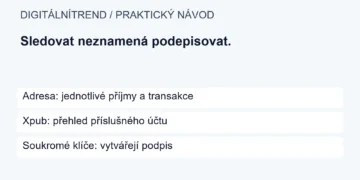 Adresa: jednotlivé příjmy a transakce; Xpub: přehled příslušného účtu; Soukromé klíče: vytvářejí podpis