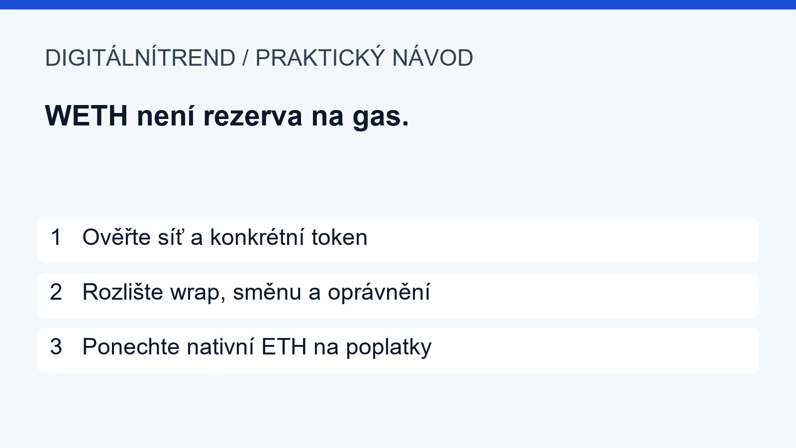 ETH a WETH: jaký je rozdíl a proč si nechat rezervu na gas 1 1 Ověřte síť a konkrétní token; 2 Rozlište wrap, směnu a oprávnění; 3 Ponechte nativní ETH na poplatky