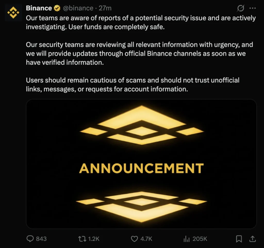 Binance prošetřuje bezpečnostní zprávy, Tether hlásí zmrazení přes 1,567 miliardy USDT 1 Binance k hackerskému útoku