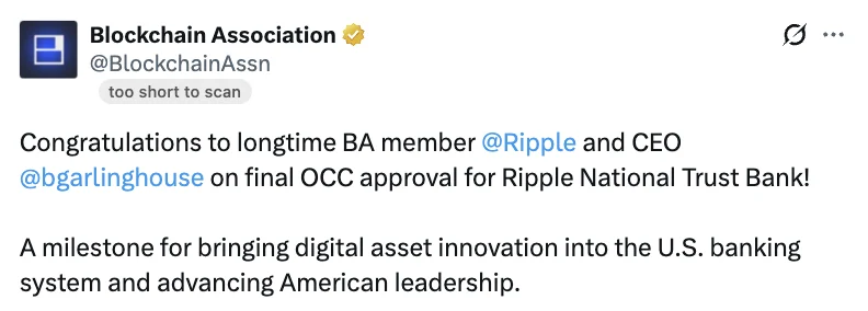 Ripple získal konečné schválení OCC pro National Trust Bank – Jaké výhody to přináší pro RLUSD 1 Blockchain Association