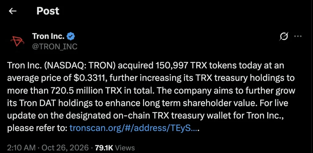 Oznámení společnosti Tron Inc. o nákupu TRX