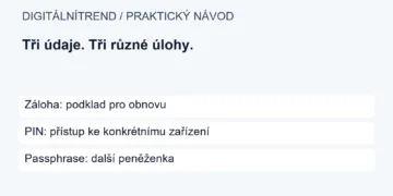 Záloha: podklad pro obnovu; PIN: přístup ke konkrétnímu zařízení; Passphrase: další peněženka