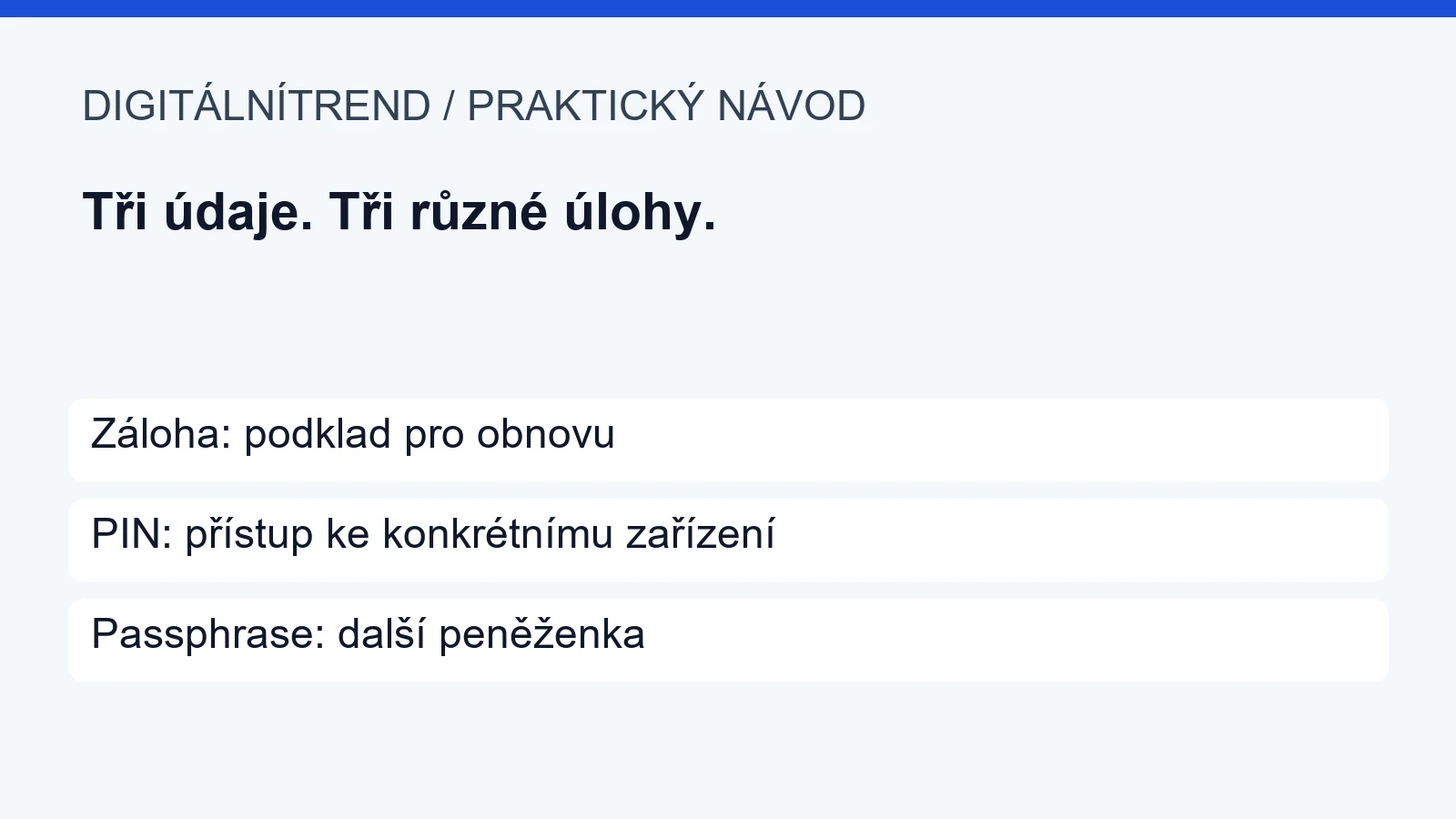Záloha: podklad pro obnovu; PIN: přístup ke konkrétnímu zařízení; Passphrase: další peněženka