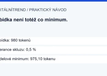Nabídka: 980 tokenů; Tolerance skluzu: 0,5 %; Modelové minimum: 975,10 tokenu