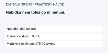 Nabídka: 980 tokenů; Tolerance skluzu: 0,5 %; Modelové minimum: 975,10 tokenu