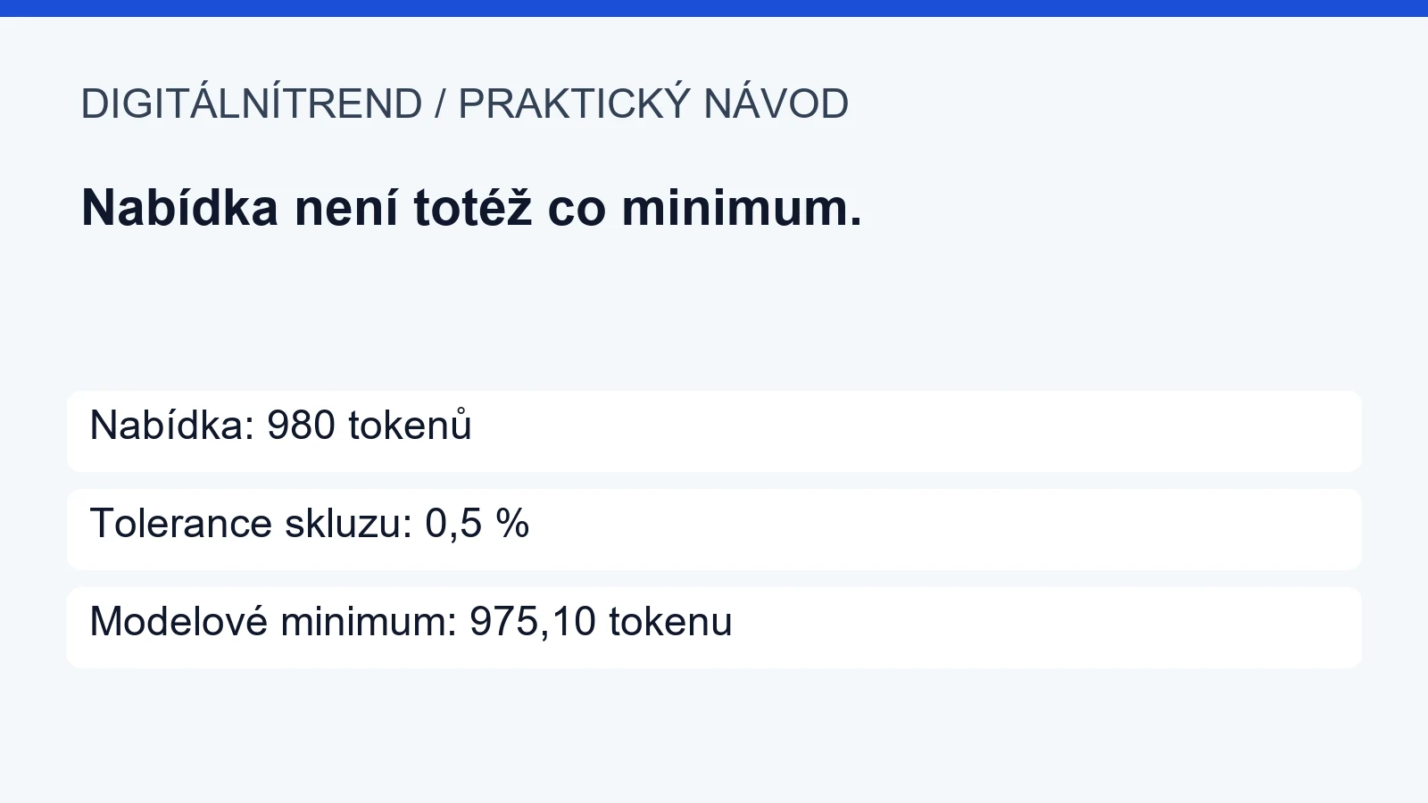 Nabídka: 980 tokenů; Tolerance skluzu: 0,5 %; Modelové minimum: 975,10 tokenu