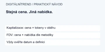 Kapitalizace: cena × tokeny v oběhu; FDV: cena × nabídka dle metodiky; Vždy ověřte datum a definici