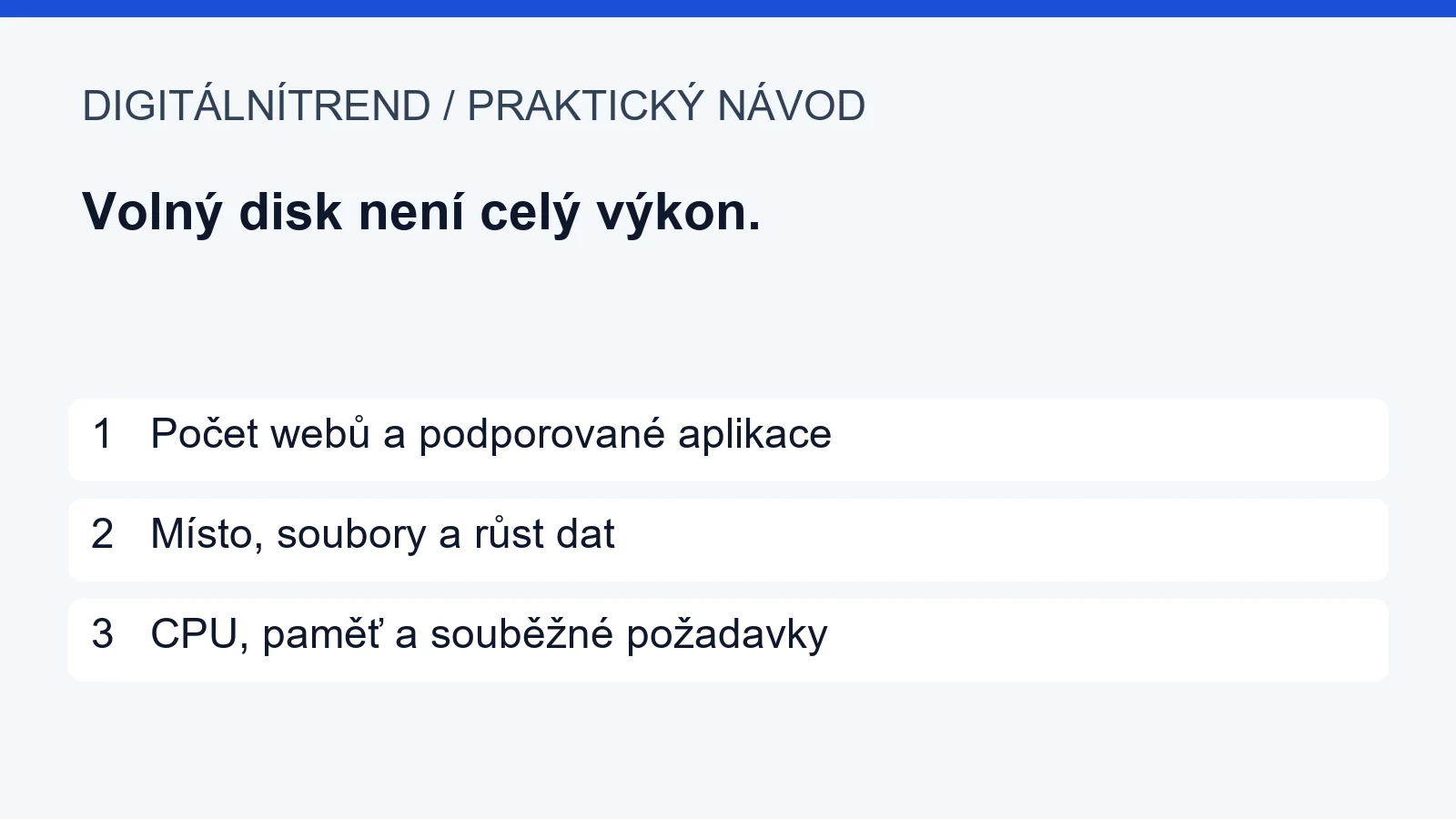 Webhosting pro tři weby: jak spočítat místo, soubory a rezervu 1 1 Počet webů a podporované aplikace; 2 Místo, soubory a růst dat; 3 CPU, paměť a souběžné požadavky