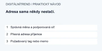 1   Správná měna a podporovaná síť; 2   Přesná adresa příjemce; 3   Požadovaný tag nebo memo